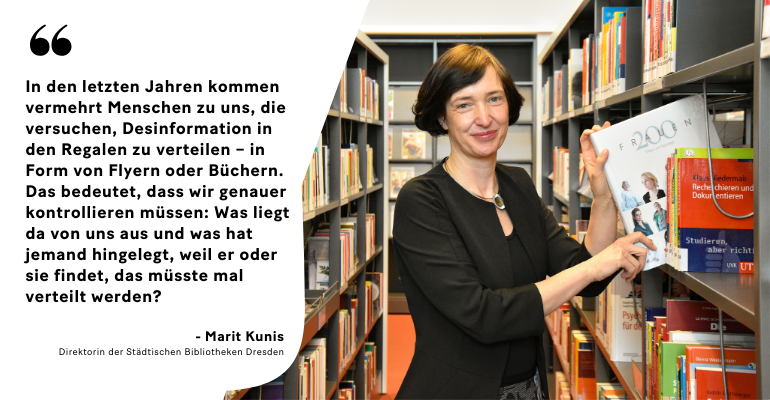 Marit Kunis, Direktorin der Städtischen Bibliotheken, holt ein Buch aus dem Regal.